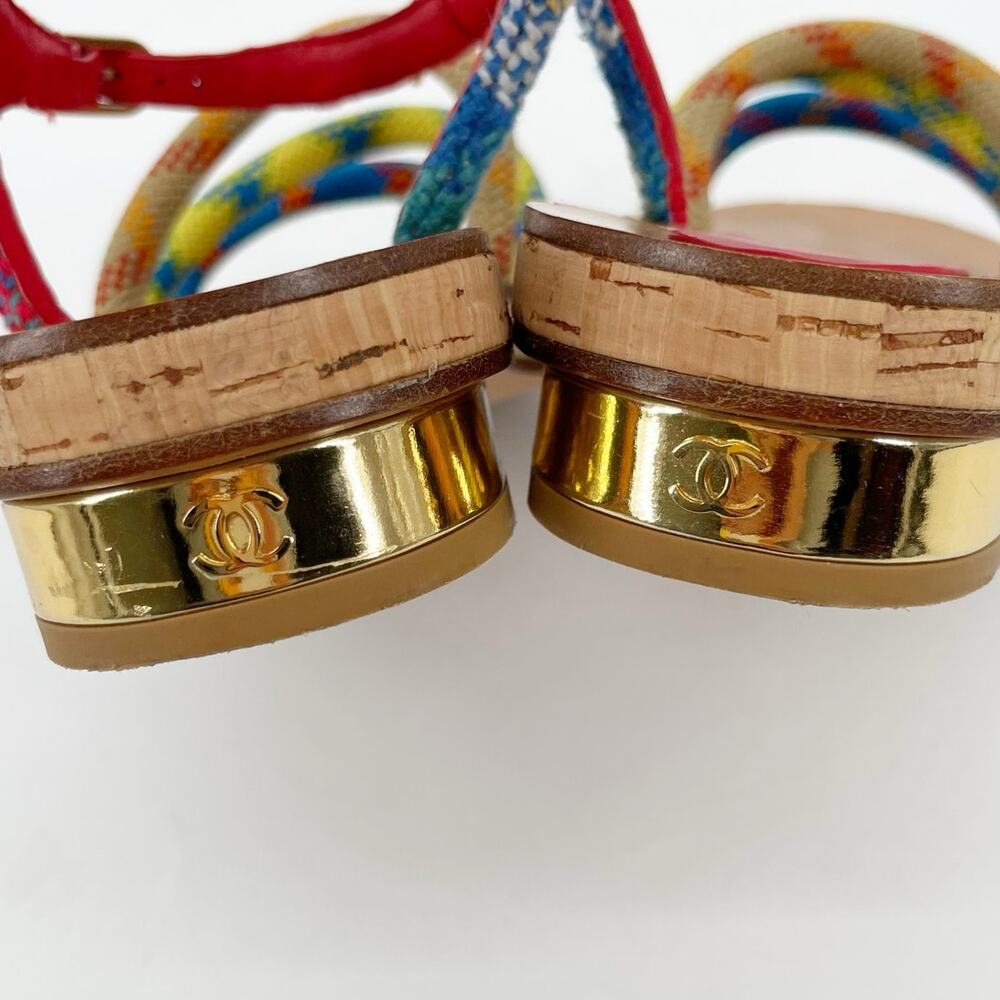 Chanel S/S 2017 Multicolor Rope Cork CC Gold Heel Ankle Strap Sandals EU 37 - Picture 8 of 12